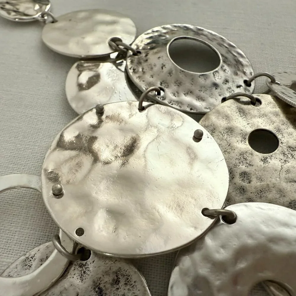 Chicos Hammered Disc Bib Necklace 17 to 20in Silver Tone Statement Chain - Picture 9 of 15